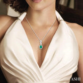 6x4 MM Oval Cut Emerald and 1/10 Ctw Round Cut Diamond Pendant in 14K White Gold with Chain